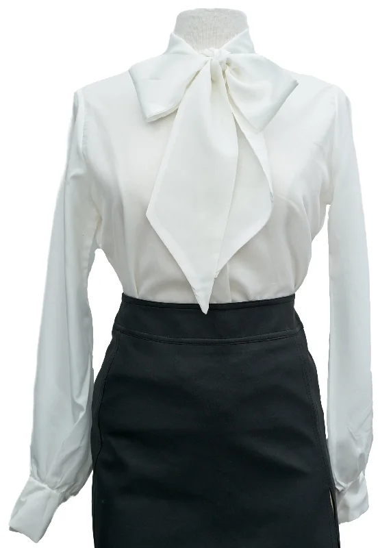 1980s Vintage White Pussy-Bow-Tie Neck Secretary Blouse Backless Summer Blouse