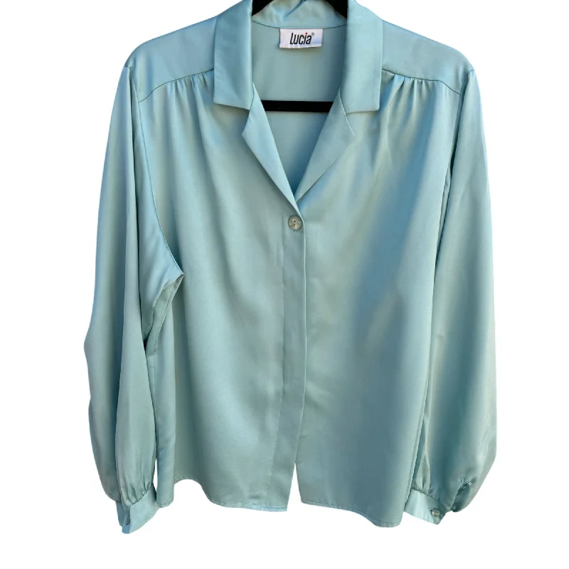 Lucia Vintage Womens Teal Long Sleeve Button-Up Satin Pleat Shoulder Blouse Top Feminine Ruffle Blouse Lucia Vintage Womens Teal Long Sleeve Button-Up Satin Pleat Shoulder Blouse Top Feminine Ruffle Blouse