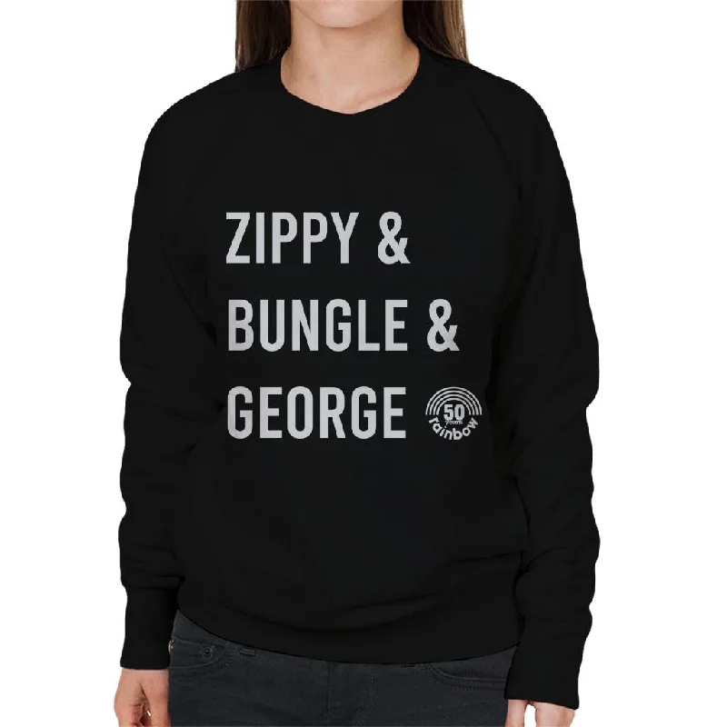 Rainbow 1972 50th Anniversary Zippy And Bungle And George Women's Sweatshirt Hoodie with Ribbed Cuffs Snug Fit Comfort Rainbow 1972 50th Anniversary Zippy And Bungle And George Women's Sweatshirt Hoodie with Ribbed Cuffs Snug Fit Comfort