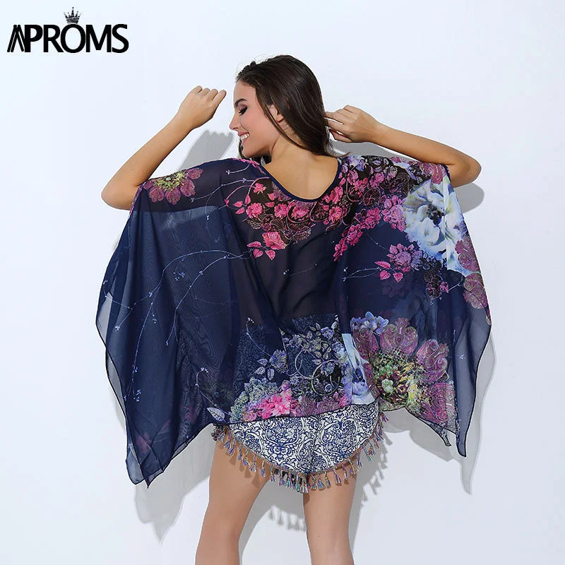 Boho Batwing Sleeve Chiffon Blouse Women Casual Floral Print Loose Kimono Shirts Big Size Beach Tunic Tops Peplum Blusa Robe Boho Printed Blouse