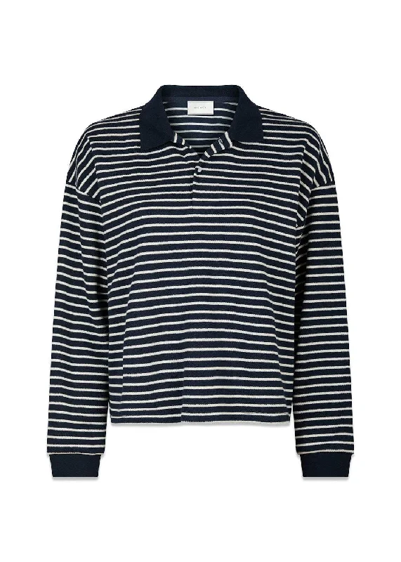 Sara Stripe Polo Blouse - Navy Chic Ruffle Blouse