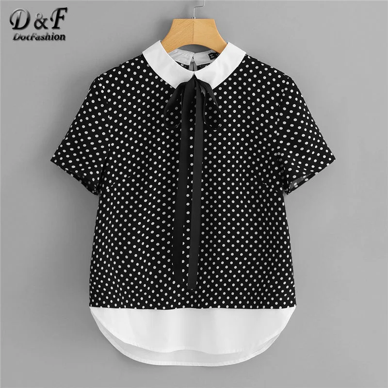 Dotfashion Contrast Tie Neck And Hem Polka Dot Summer Shirt Women Short Sleeve Button Bow Tops 2018 Preppy Style Blouse Office Formal Blouse Dotfashion Contrast Tie Neck And Hem Polka Dot Summer Shirt Women Short Sleeve Button Bow Tops 2018 Preppy Style Blouse Office Formal Blouse