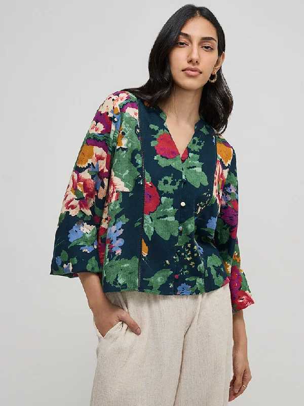 LOV Green Floral Printed Blouse Feminine Satin Blouse