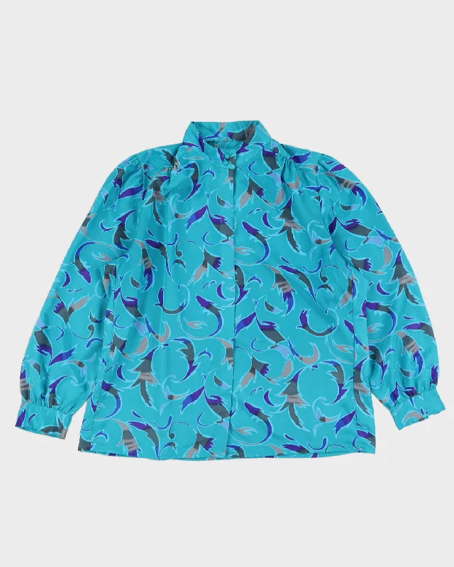 Vintage 1980s Teal Band Collar Pattern Satin Blouse - L Chic Off-Shoulder Blouse