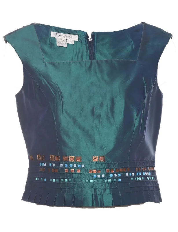 Silk Turquoise Evening Blouse - M Frilled Cuff Blouse