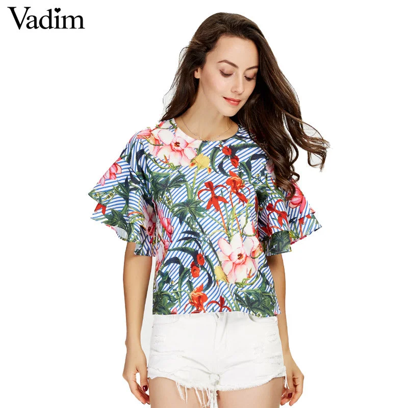 Vadim women sweet ruffles loose floral shirts short sleeve o neck blouse European style flower print tops blusas DT1052 Chic Sleeveless Blouse Vadim women sweet ruffles loose floral shirts short sleeve o neck blouse European style flower print tops blusas DT1052 Chic Sleeveless Blouse