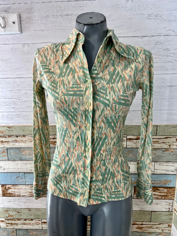 70’s Mint & Beige Abstract Print Long Sleeve Disco Blouse By Huk A Poo Chic Off-Shoulder Blouse 70’s Mint & Beige Abstract Print Long Sleeve Disco Blouse By Huk A Poo Chic Off-Shoulder Blouse