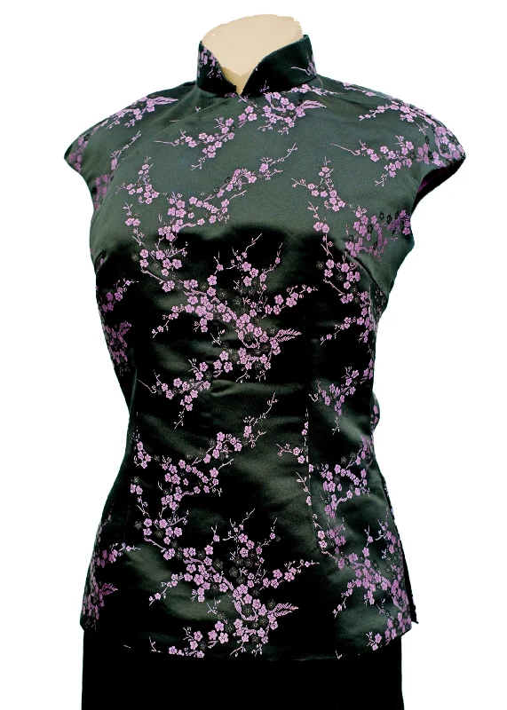 Black Lilac Satin Brocade Cheongsam Style Sleeveless Blouse • Jesireé Peter Pan Collar Blouse