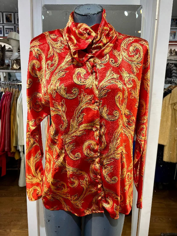 90’s Gold and Red Baroque Style Bloused Silky Draped Blouse