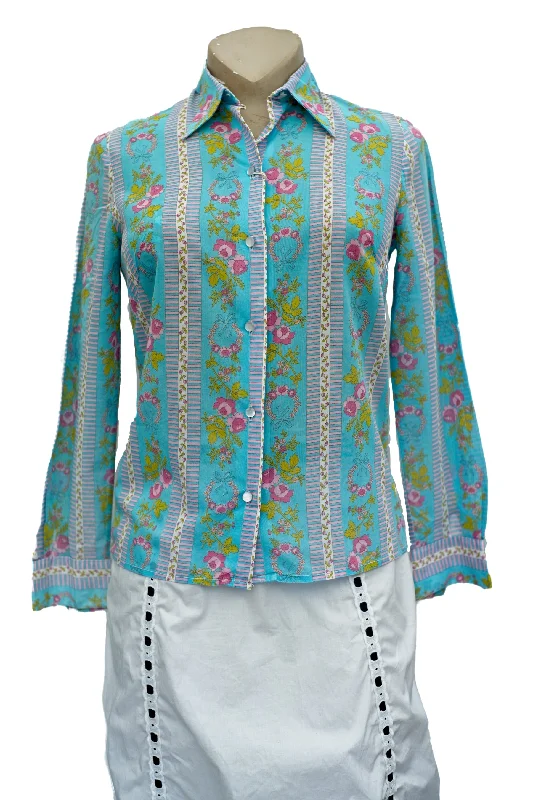 1970s Vintage Turquoise Floral Blouse • Dagger Collar Asymmetric Hem Blouse