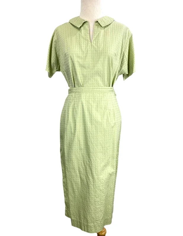 Vintage 1960s 2-Piece Green Cotton Skirt & Blouse Set, Small Stylish Wrap Blouse