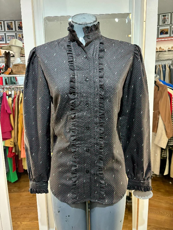80’s Black Ruffle Secretary Blouse  By Jack Mulqueen Feminine Satin Blouse