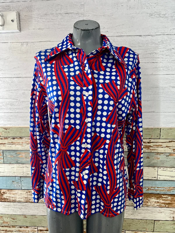 70’s Dot with Bow Print Long Sleeve Blouse Frilled Cuff Blouse