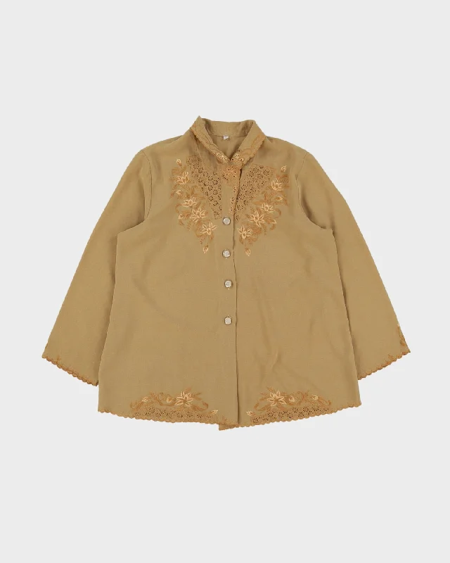 Vintage 1980s Beige Embroidered Blouse - S Sweetheart Neck Blouse
