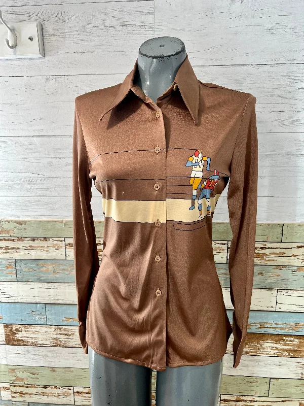70’s Brown Football Game Print Long Sleeve Blouse By Nik Nik Delicate Bow Blouse