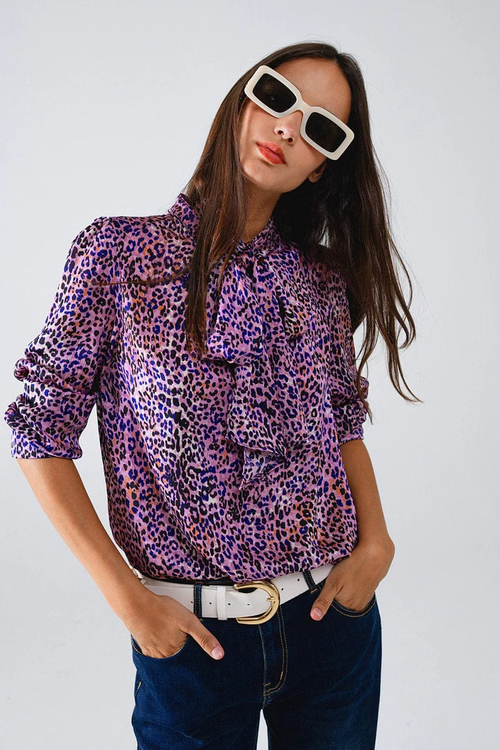 Q2 Tie Neck Animal Print Blouse Smart Casual Blouse