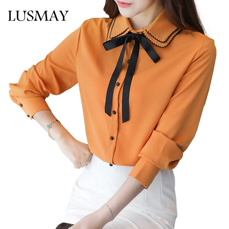 New Fashion Women Shirts Spring 2018 Peter Pan Collar Chiffon Blouse With Bow Tie Long Sleeve Elegant Shirt White Red Yellow Stretchy Fitted Blouse New Fashion Women Shirts Spring 2018 Peter Pan Collar Chiffon Blouse With Bow Tie Long Sleeve Elegant Shirt White Red Yellow Stretchy Fitted Blouse