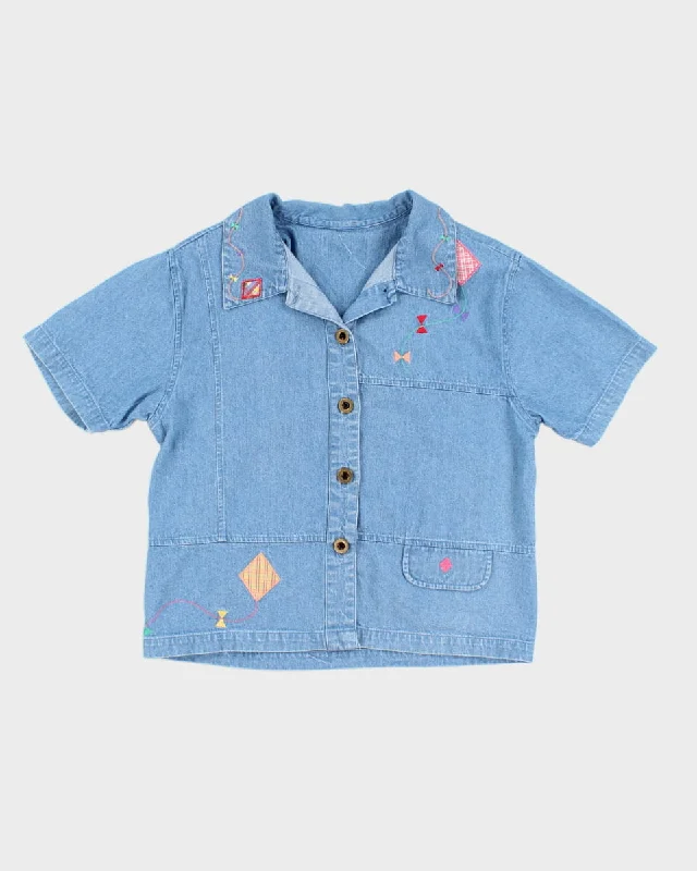 Vintage 80s Kite Embroidered Denim Blouse - M Mandarin Collar Blouse