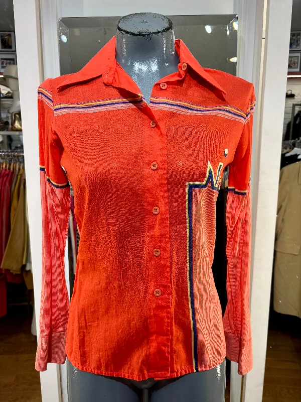 70’s Orange & Red Logo Print Long Sleeve Blouse By Nik Nik Relaxed Fit Blouse