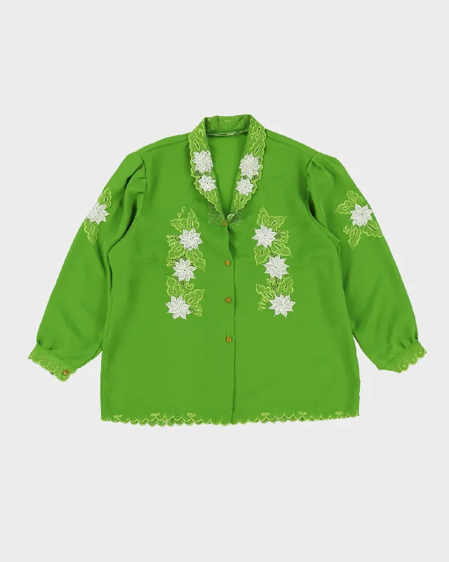 1980s Green Embroidered Long Sleeve Blouse - S Stretchy Fitted Blouse