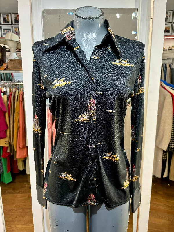 70’s Black Dog Hunter Scenery Print Long Sleeve Blouse By Nik Nik Semi-Sheer Blouse