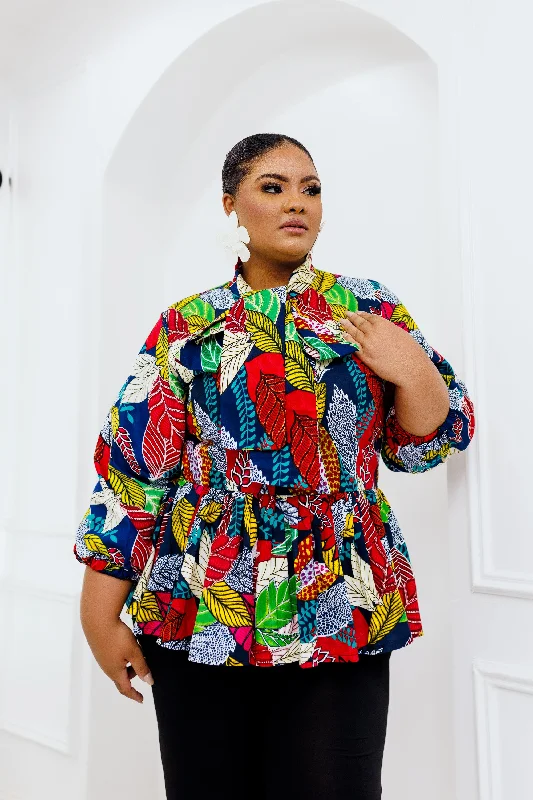 IME AFRICAN PRINT PEPLUM BLOUSE (MULTICOLOR) Gathered Detail Blouse