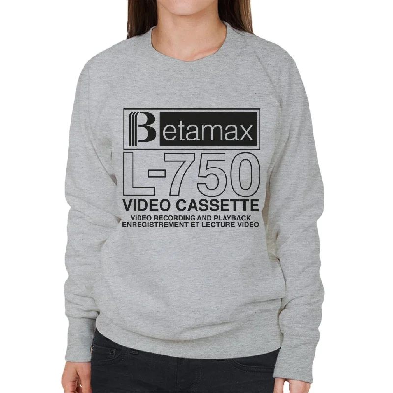 Betamax Black B Logo L 750 Cassette Women's Sweatshirt Hoodie with Raw Hem Edgy Unfinished Betamax Black B Logo L 750 Cassette Women's Sweatshirt Hoodie with Raw Hem Edgy Unfinished