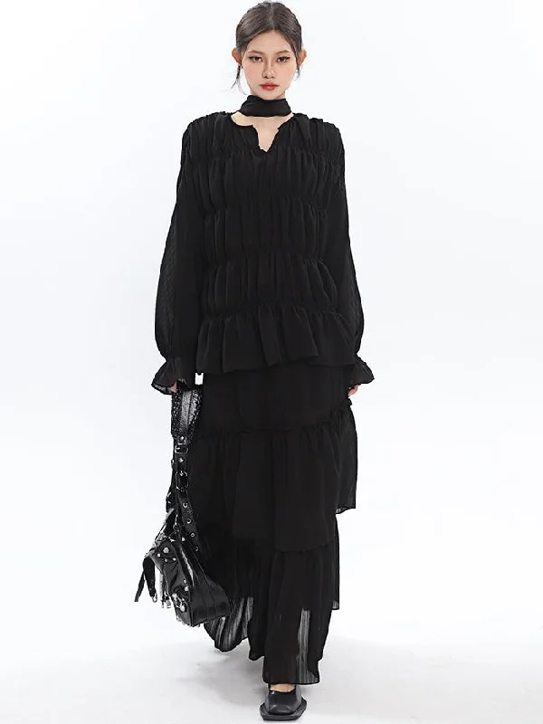 Bailon Solid Color Black Chiffon Pleated Layered Long Blouse Skirt Dress Matching Set Polished Work Blouse Bailon Solid Color Black Chiffon Pleated Layered Long Blouse Skirt Dress Matching Set Polished Work Blouse