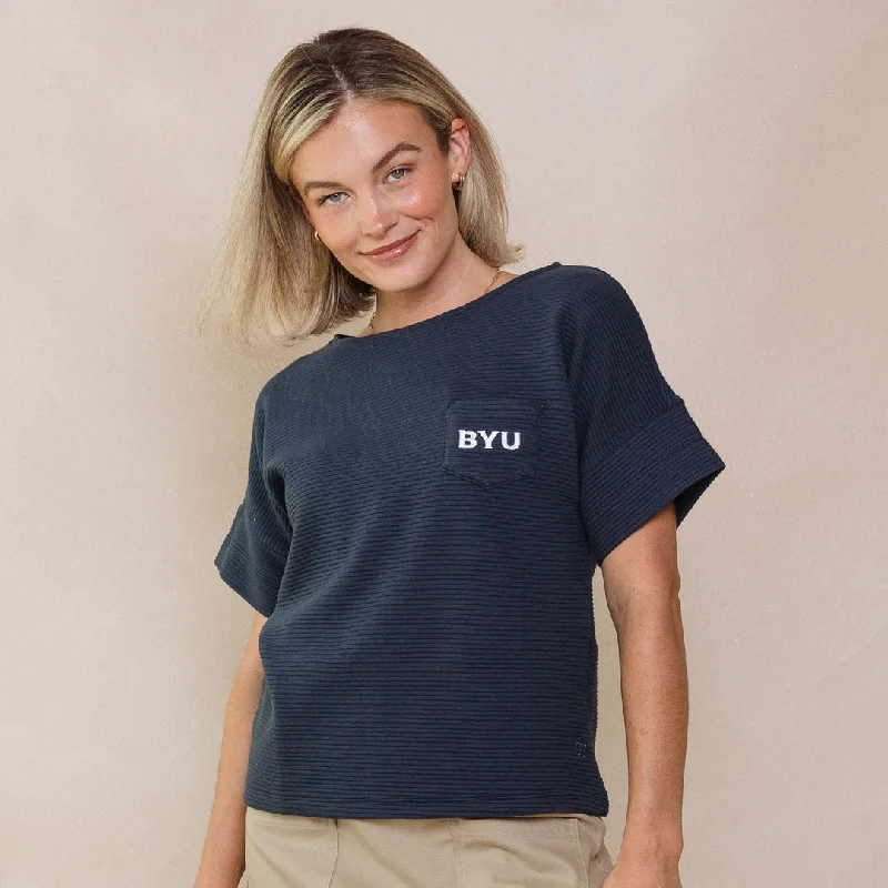 BYU Atlas Ribbed Blouse, Navy Chic Square Blouse