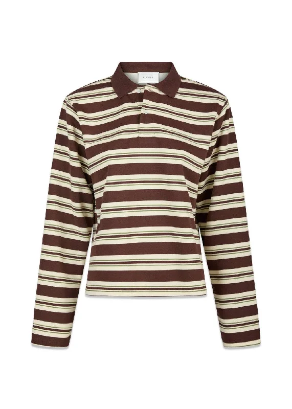 Mala Stripe Polo Blouse - Brown Elegant Silk Blouse