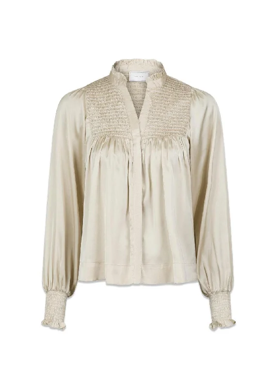 Jill Smooth Satin Blouse - Champagne Ruffled Neck Blouse