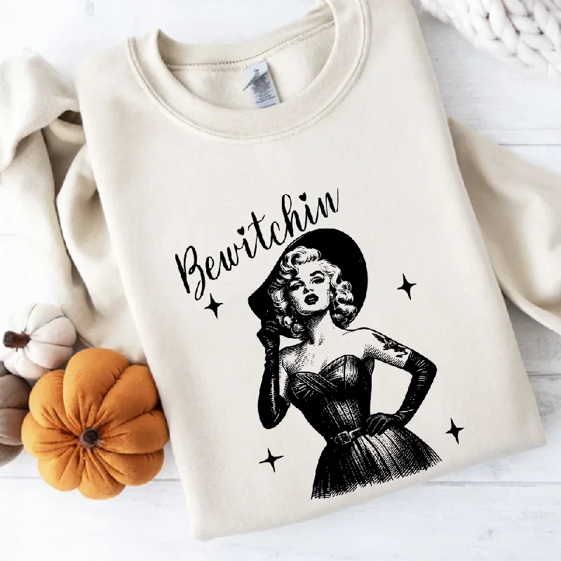 Bewitchin Womens Halloween Sweatshirt Hoodie with Distressed Vintage Worn