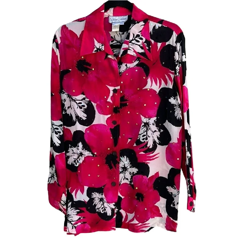 Diane Gilman Vintage Silk Pink Floral Button-Up Long Sleeve Sequined Blouse - M Soft Knit Blouse Diane Gilman Vintage Silk Pink Floral Button-Up Long Sleeve Sequined Blouse - M Soft Knit Blouse
