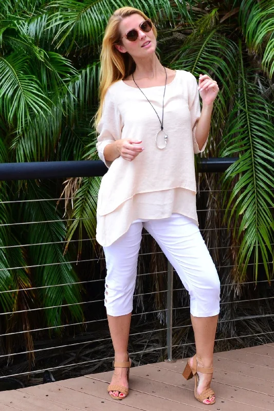 Cream Easy weekend Layered Tunic Blouse Elegant Semi-Sheer Blouse
