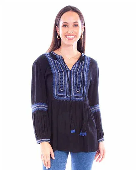 Women's Tie Front Embroidered Blouse Frilled Cuff Blouse