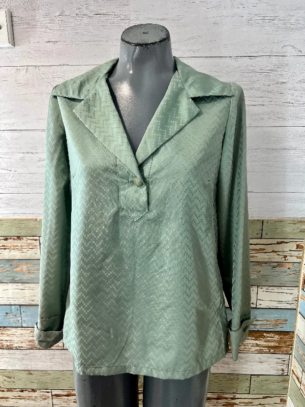 70’s Teal Green Texture Print Long Sleeve Blouse By C. Capriotti Chic Ruffle Blouse