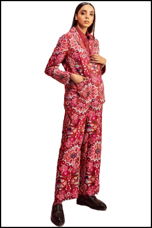 Kashan Red Print Wide Leg Embroidered Pants In Handloom Organic Cotton Silk Soft Sweatpants Style