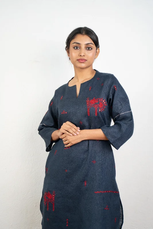 NIGHT BLUE LINEN KURTA PANT SET Stylish Casual Pants