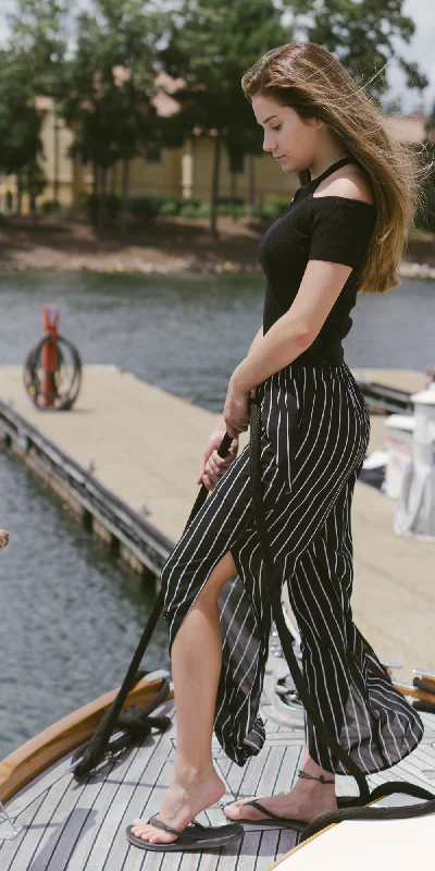 Sheer Black And White Striped Side Slit Pants Formal Linen Trousers