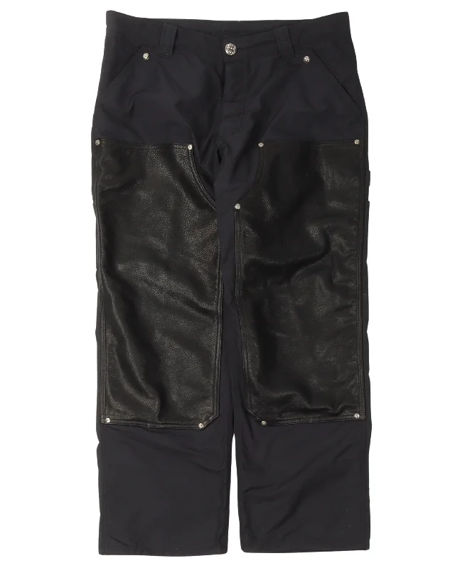 Leather Double Knee Nylon Carpenter Pants Stretch Fit Pants