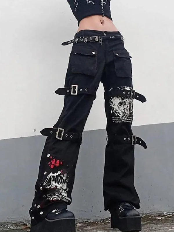 Goth metal buckle pocket cargo pants Sleek Black Pants