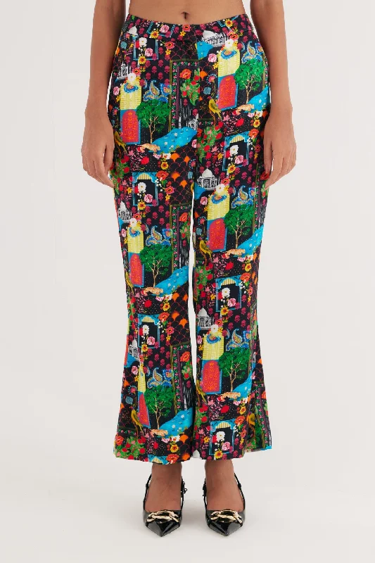 Black India Print Mushroo Cotton Satin Flared Pants Comfortable Jogger Trousers