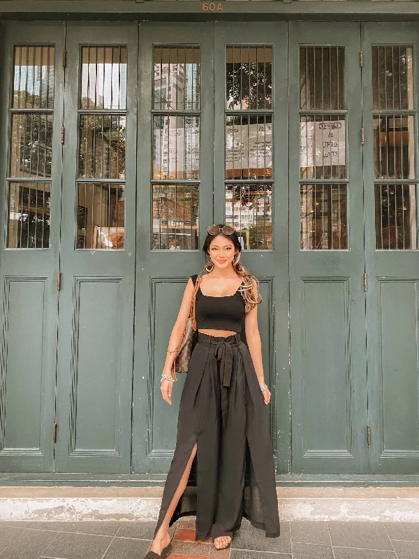Talia Chiffon Flared Pants in Black Cozy Knit Pants