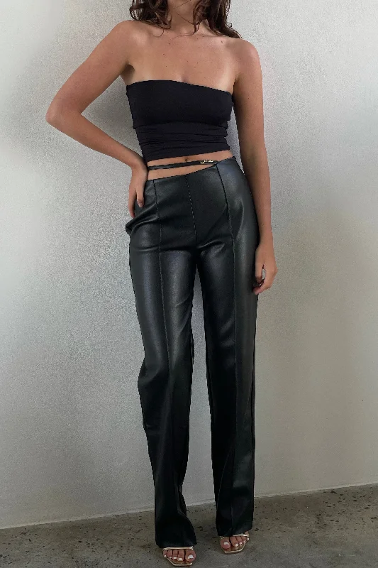 Zarsa Wide Leg Mid Rise Pu Pant - Black Trendy Palazzo Pants