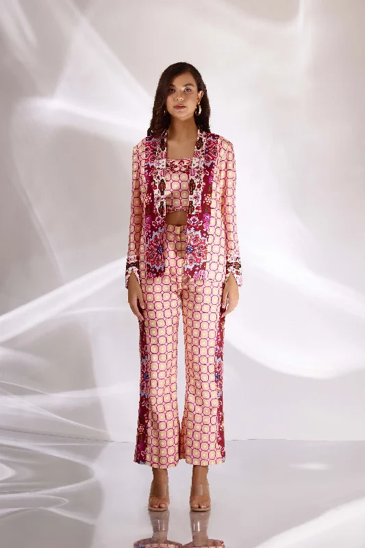 Blush Pink Mix Print Flared Pants Soft Stretch Leggings