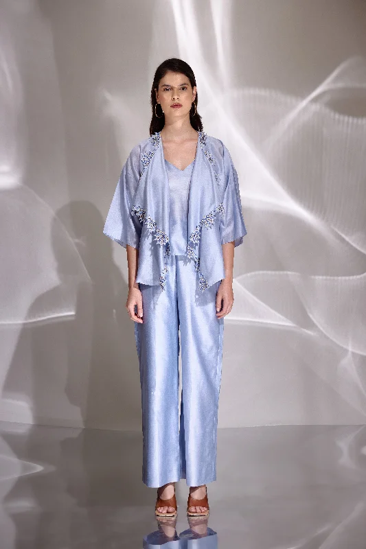 Sky Blue Chanderi Silk Embroidered Pants Comfy High-Waist Jeans