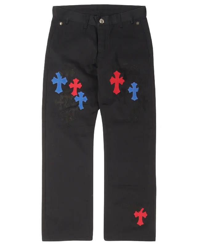 Multicolor Cross Patch Chino Pants Comfy High-Waist Jeans