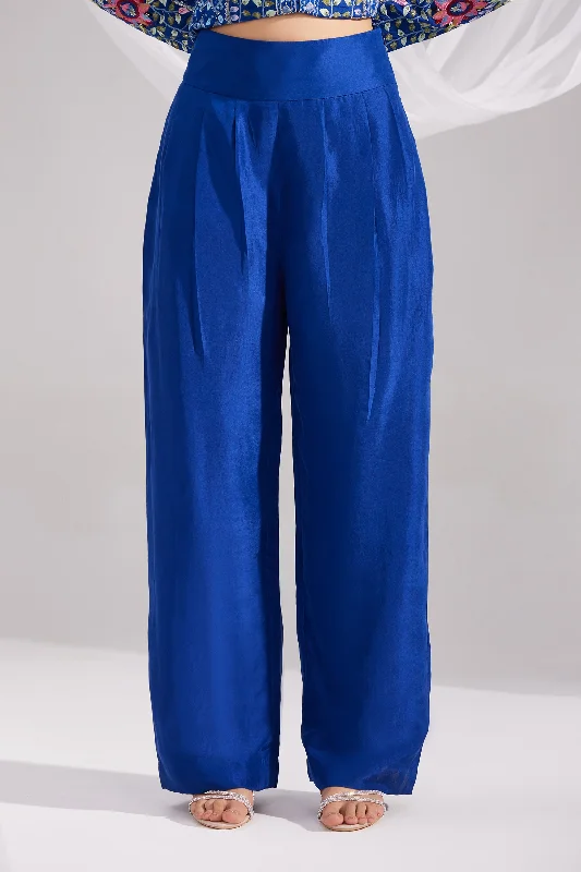Royal Blue Pleated Straight Silk Pant Trendy Printed Leggings