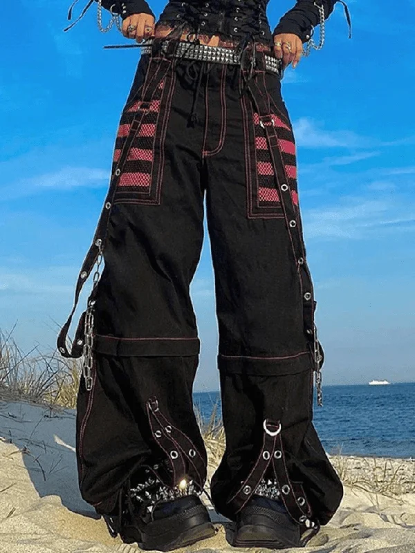 Eyelet Strap Black Cargo Pants Elegant Wool Trousers