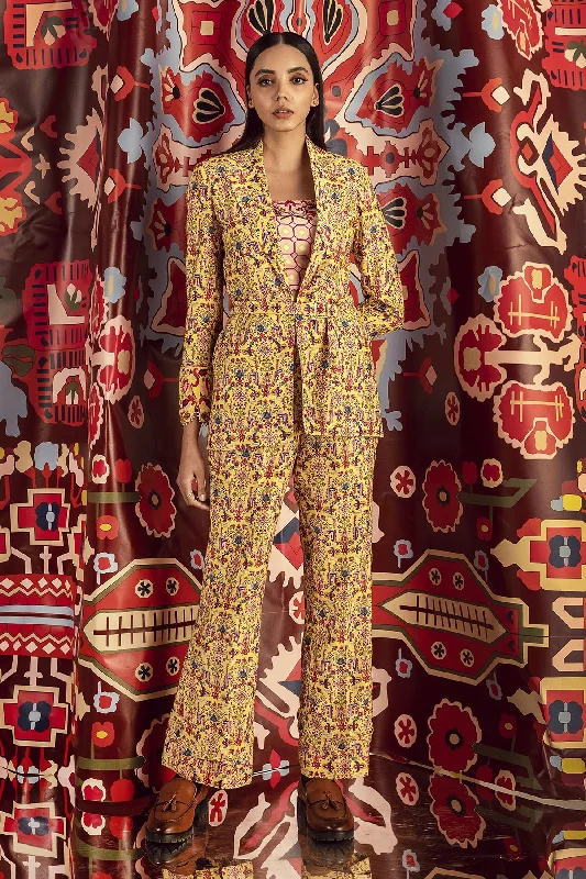 Tabriz Yellow Pants In Handloom Organic Cotton Silk Relaxed High-Waist Trousers